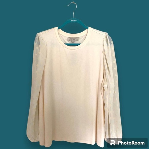 NWT Ann Taylor LOFT Blouse Cream round neck long sheer sleeves Sz Petite XXLP - Picture 1 of 6